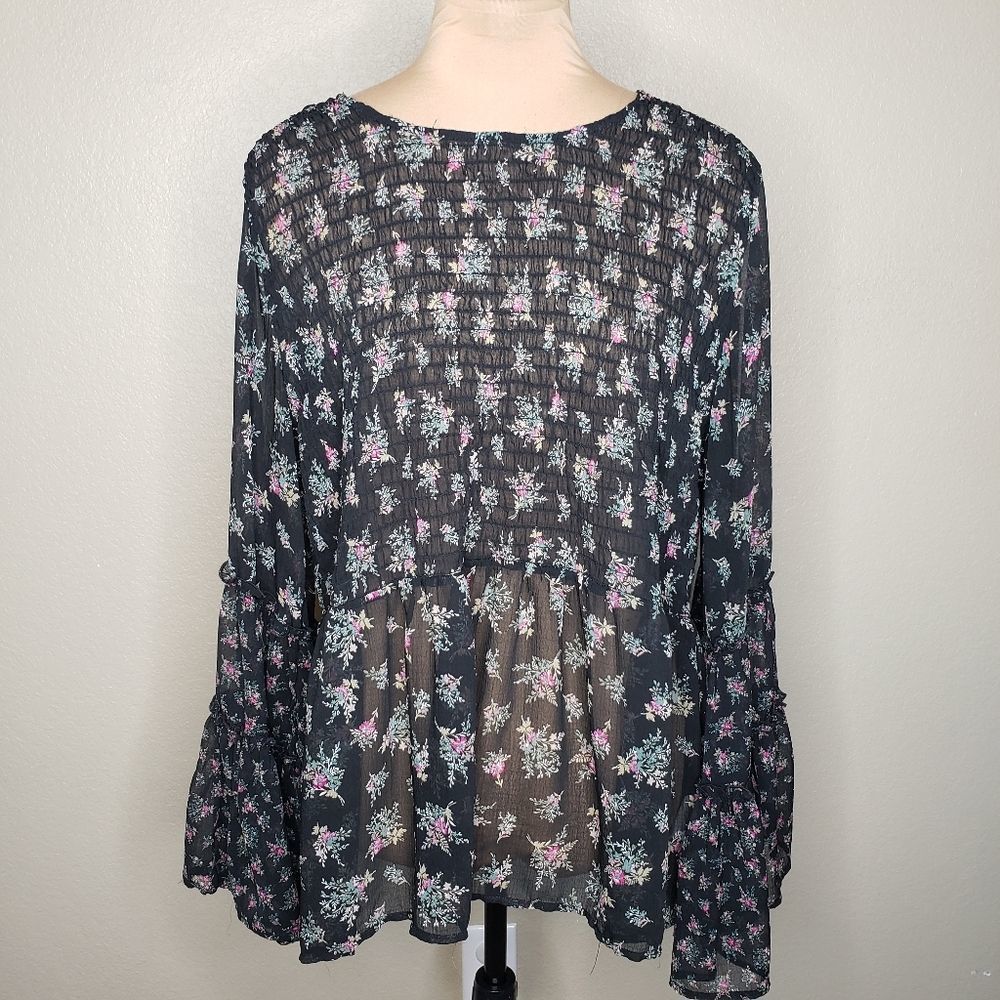 American Eagle Sheer Black Floral Bell Sleeve Top - XXL